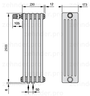 Схема (чертеж) Радиатор Zehnder Charleston 5250/5 №V007 Белый глянцевый RAL 9016